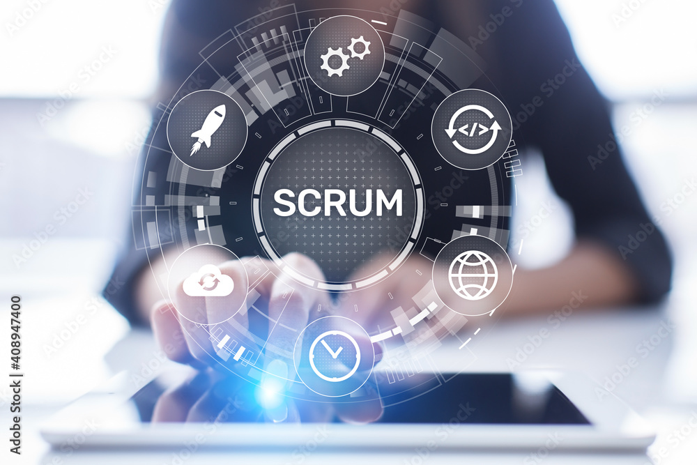 SCRUM, Agile development methodology, programming and application design technology concept on virtual screen. SCRUM, Agile development methodology, programming and application design technology concept on virtual screen.