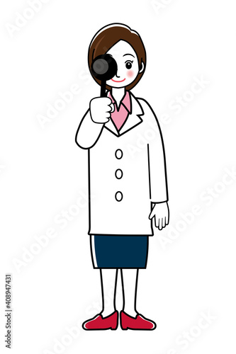 視力検査女性医師女医のシンプル線画イラスト｜眼科医全身　白衣スカート
