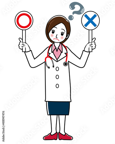 マルバツ棒を持つ困惑顔の女性医師女医のシンプル線画イラスト｜全身　白衣スカート
