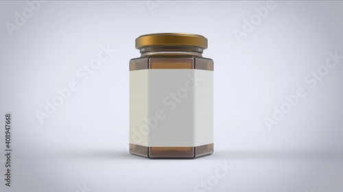 250 ml honney jar with white rectangle paper label in front plate on white solid background mockup ready for branding 3d rendering image