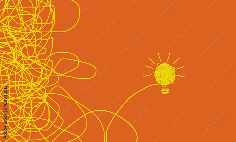 complex to easy way concept, strategy and business ways,  figure out the solution, find the way, yellow tangle light bulb conceptual idea. ways and solutions. 