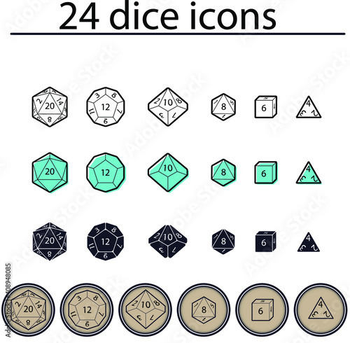 D4, D6, D8, D10, D12, and D20 Dice for Boardgames in Flat photo
