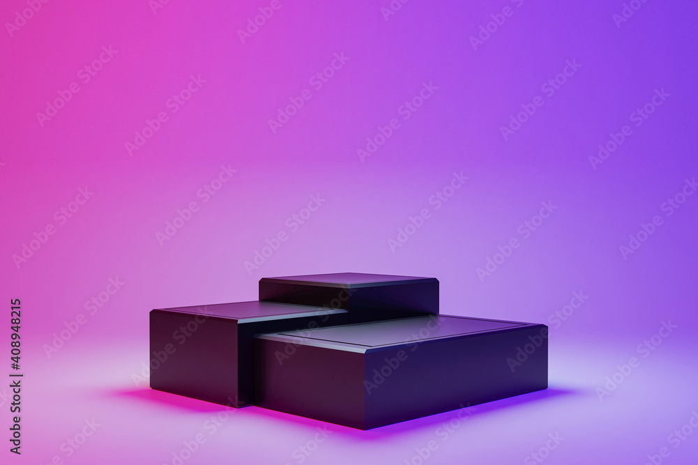 3 step Blank black square podium in dark studio with red and purple LED light, futurlistic concept, showcase for product, 3d rendering 3 step Blank black square podium in dark studio with red and purple LED light, futurlistic concept, showcase for product, 3d rendering