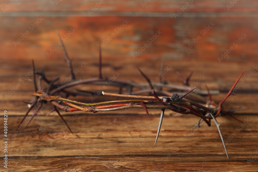 custom made wallpaper toronto digitalCrown of thorns on wooden table, space for text. Easter attribute
