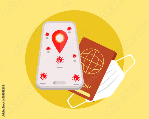 COVID-19 Crisis concept: There are mobile phone with coronavirus icon, passport and face mask. New normal after covid, always wear mask when you travel. 