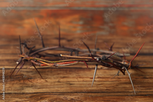 Wallpaper Mural Crown of thorns on wooden table, space for text. Easter attribute Torontodigital.ca