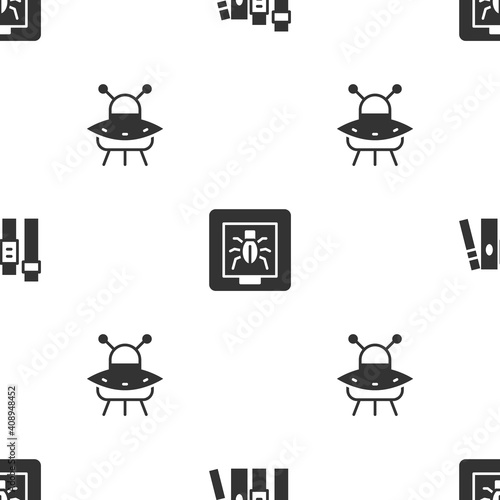 Set Book, Insects in a frame and UFO flying spaceship on seamless pattern. Vector.