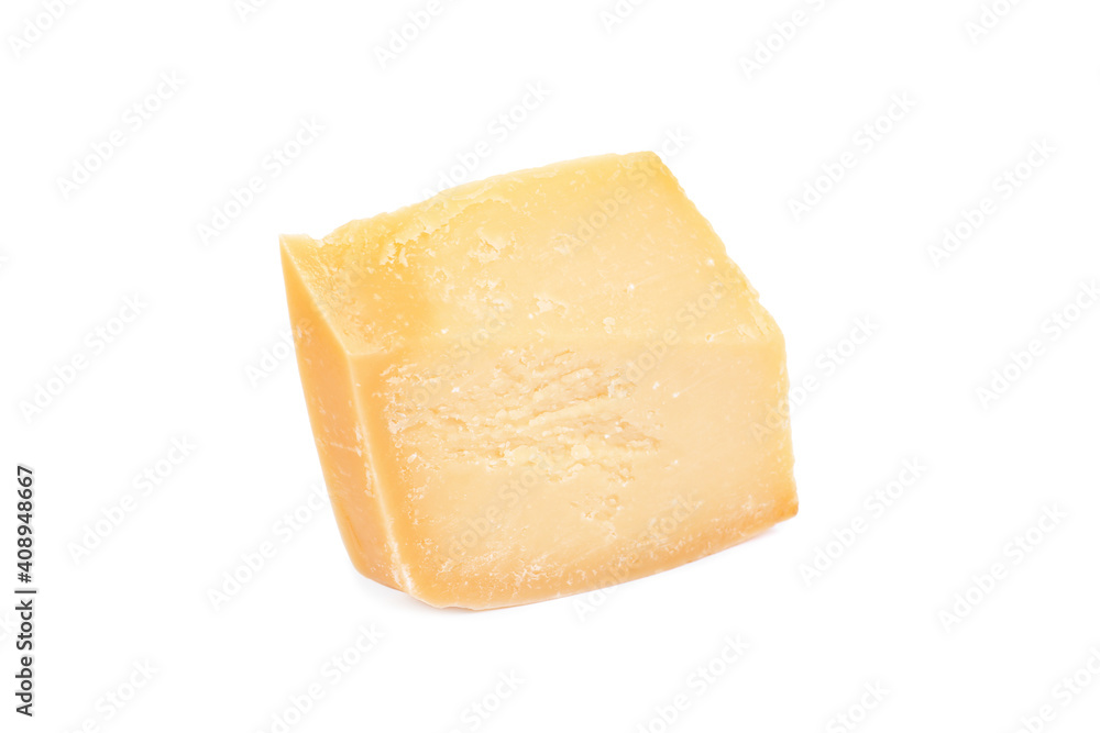 Piece of delicious parmesan cheese isolated on white Piece of delicious parmesan cheese isolated on white