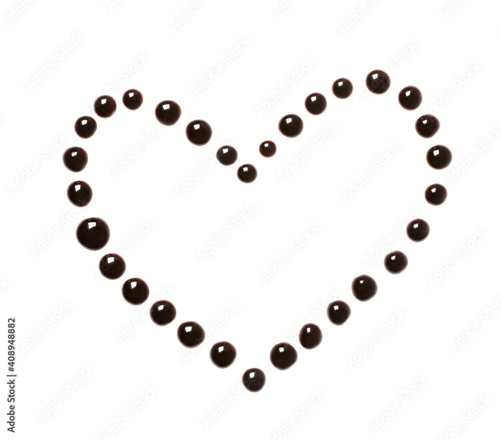 Heart made of dark chocolate drops on white background, top view Heart made of dark chocolate drops on white background, top view
