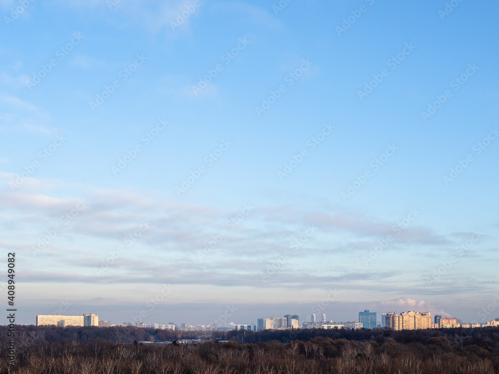 blue sky over city park and town on horizon on sunny winter day