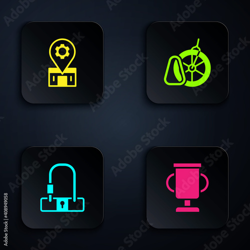 Set Award cup with bicycle, Bicycle repair service, lock and parking. Black square button. Vector.