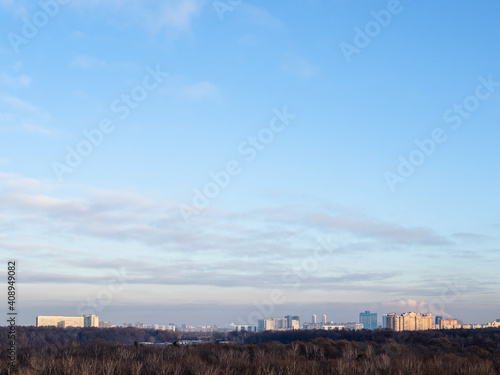 blue sky over city park and town on horizon on sunny winter day