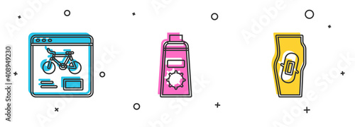 Set Bicycle rental mobile app, Sunscreen cream in tube and Plaster on leg icon. Vector.