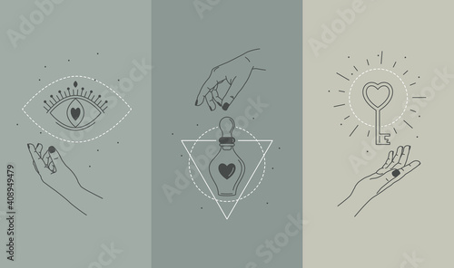 Vector illustration set mystic hands and love signs for social media stories. Hand drawn line minimal style logos. Eye of providence, love potion, magic key. Fashion, skin care and wedding concept.