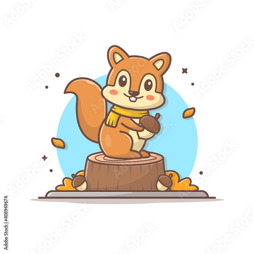 Happy Cute Squirrel Character Holding Acorn Cartoon Vector Icon Illustration. Animal Nature Icon Concept Isolated Premium Vector. Flat Cartoon Style