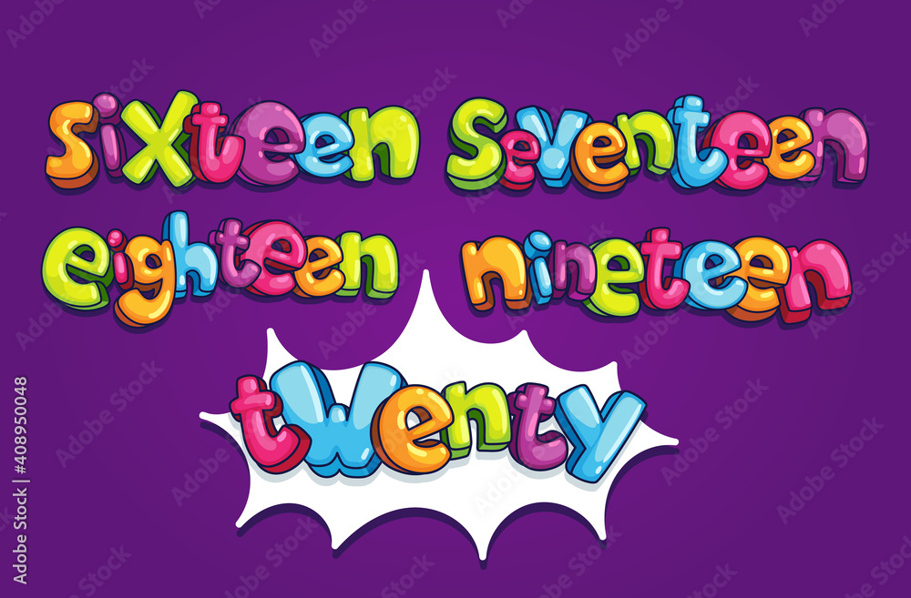 Fototapeta Sixteen, seventeen, eighteen, nineteen kids colorful inscription set