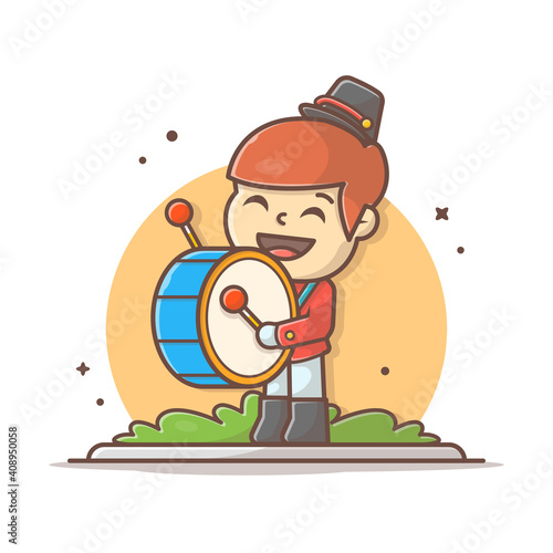 Cute Marching Band Drummer Music Cartoon Vector Icon Illustration. People Art Icon Concept Isolated Premium Vector. Flat Cartoon Style