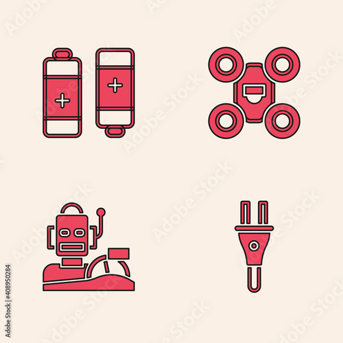 Set Electric plug, Battery, Drone and Robot humanoid driving car icon. Vector.