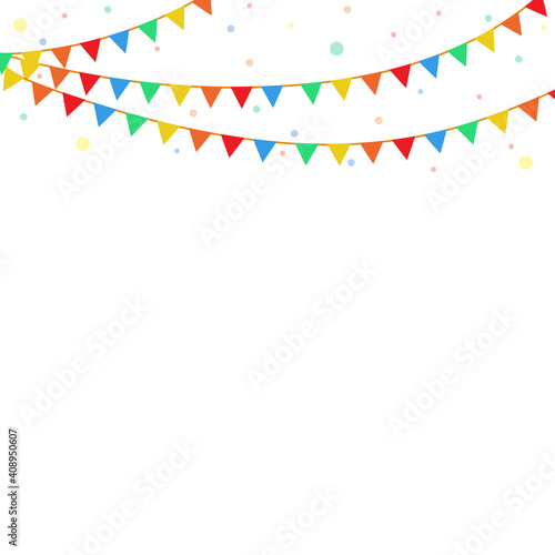 Colorful festival flags, garland, and confetti pattern on white background. Multi-colored bunting design elements for decoration of greeting card, party invitation, and Festa Junina brazil.