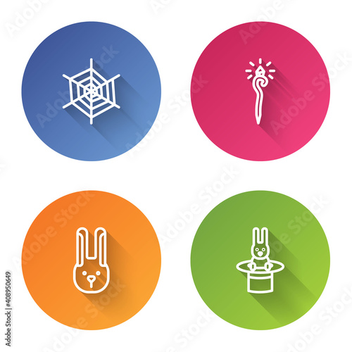 Set line Spider web, Magic staff, Rabbit with ears and Magician hat and rabbit. Color circle button. Vector.