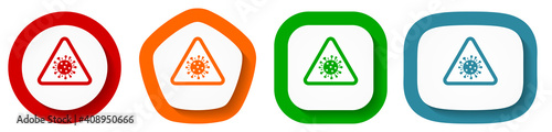 Coronavirus triangle warning sign, covid-19 caution vector icon set, flat design buttons on white background for webdesign and mobile phone applications
