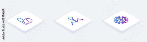 Set Isometric line Medicine pill or tablet, Bacteria bacteriophage and Virus. White square button. Vector.