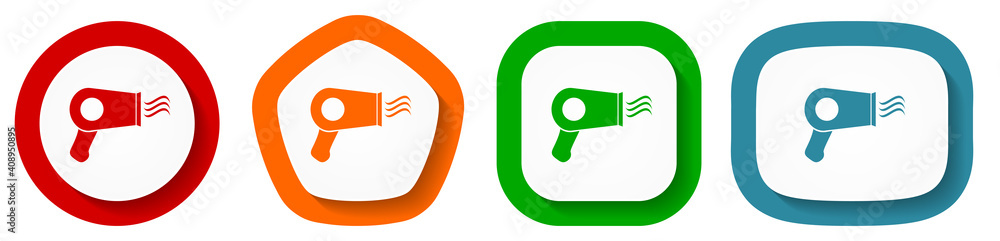 Hair dryer, beauty salon vector icons, set of pentagon, square, oval and circle shape buttons for webdesign and mobile phone applications Hair dryer, beauty salon vector icons, set of pentagon, square, oval and circle shape buttons for webdesign and mobile phone applications