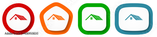 Solar panels on roof of a house, clean energy, power vector icon set, flat design buttons on white background for webdesign and mobile phone applications