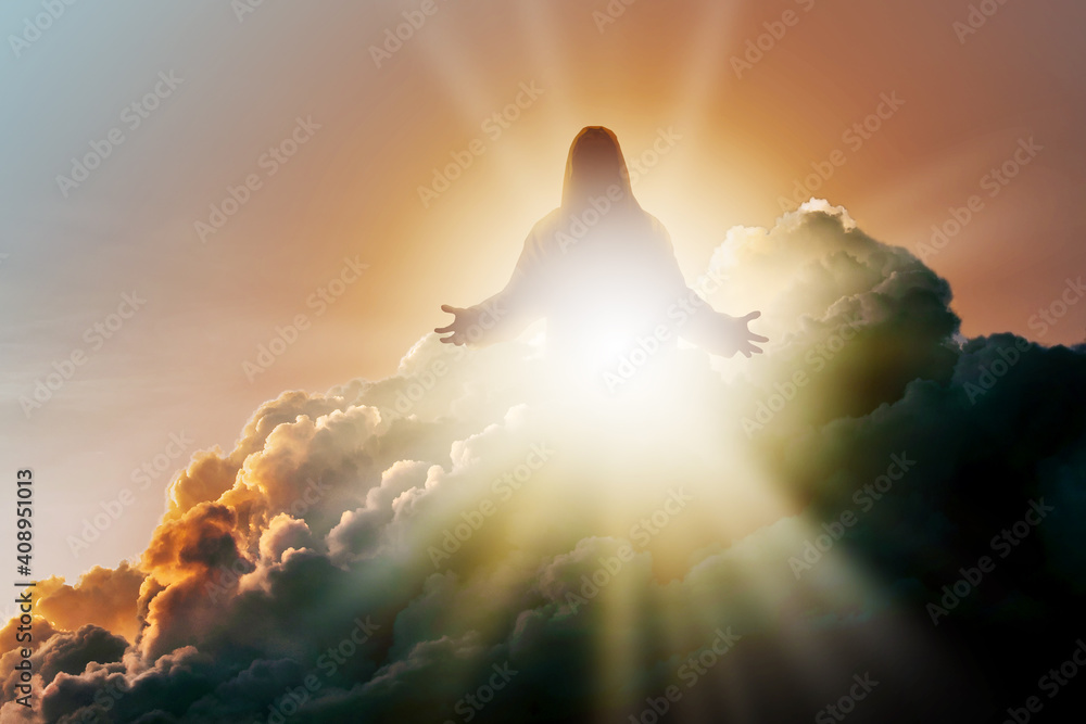 Silhouette of Jesus Christ in Heaven, up in the clouds against a bright ethereal light. Christian concept of salvation. - obrazy, fototapety, plakaty 