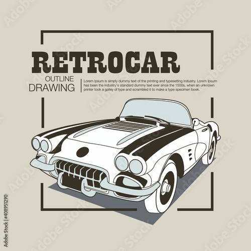 Vintage sedan outline vector illustration. Retro vehicle in simple line drawing style.