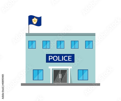 Police station building in flat style. Vector illustration. Suitable for infographic resources. Isolated on white background.