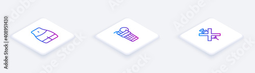 Set Isometric line Women waist, Fresh smoothie and No doping syringe. White square button. Vector.