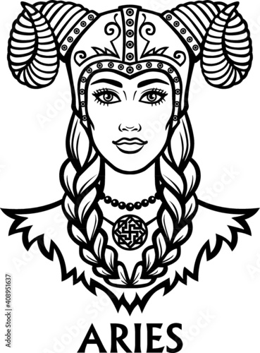 Zodiac sign Aries. Fantastic princess, animation portrait. Vector monochrome illustration isolated on a white background.