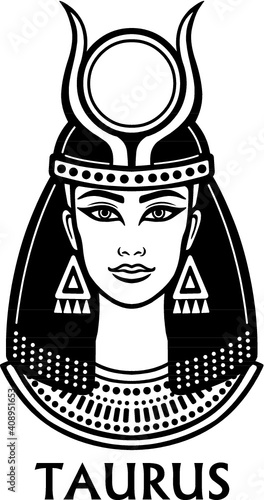 Zodiac sign Taurus. Fantastic princess, animation portrait. Vector monochrome illustration isolated on a white background.