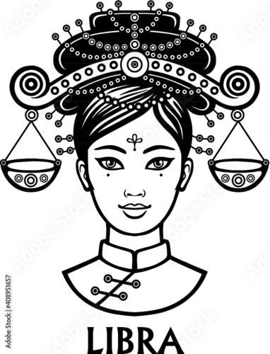 Zodiac sign  Libra. Fantastic princess, animation portrait. Vector monochrome illustration isolated on a white background.