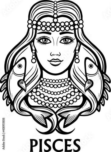 Zodiac sign Pisces. Fantastic princess, animation portrait. Vector monochrome illustration isolated on a white background.