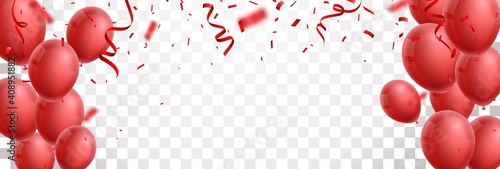 celebration banner with red balloon and confetti