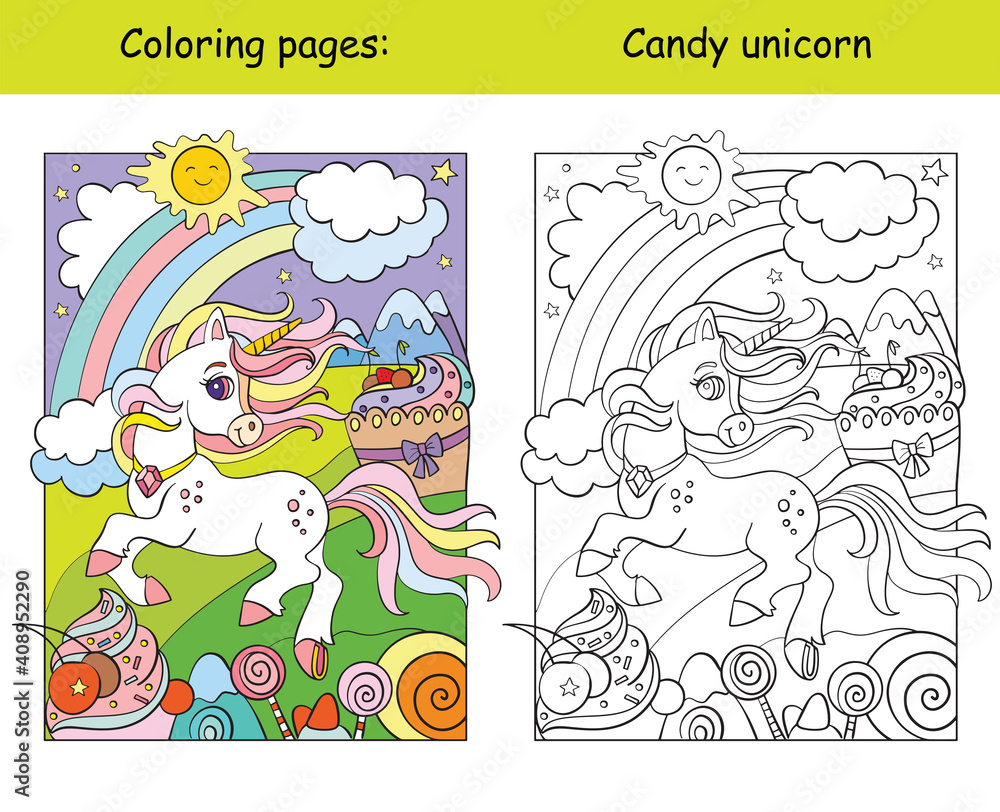 Cute unicorn in sweet world. coloring book