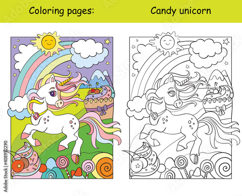 Cute unicorn in sweet world. coloring book