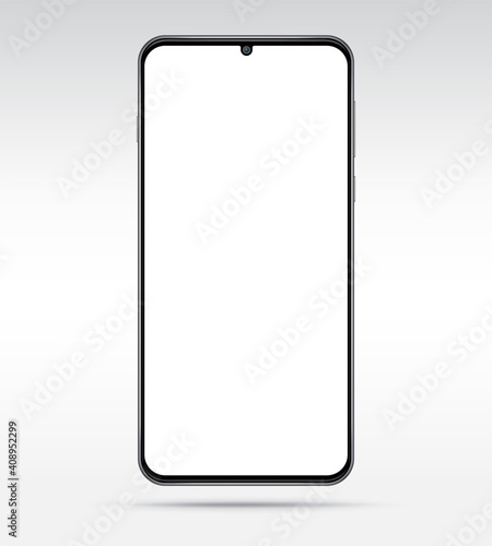 Realistic smartphone with white blank screen isolated on light grey background. Vector illustration