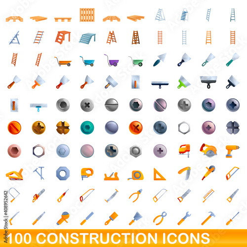 100 construction icons set. Cartoon illustration of 100 construction icons vector set isolated on white background