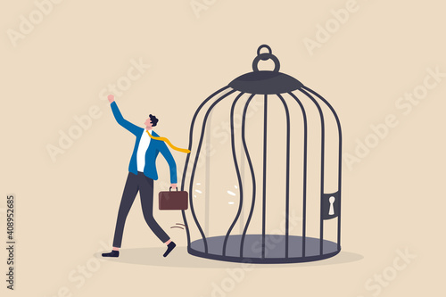 Escape from routine comfort zone, change to experience new challenge or break free for freedom concept, strong ambitious businessman bended the bar and escape from bird cage trap.