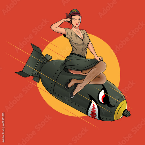 Obraz na plátne Cherry Bomb WW2 pin up girl illustration