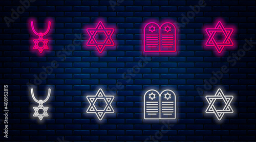Set line Star of David, Tombstone with star david, necklace chain and . Glowing neon icon on brick wall. Vector.