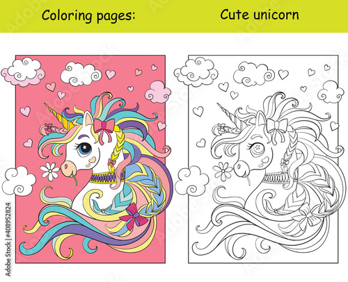 Cute unicorn portrait with hearts coloring book photo