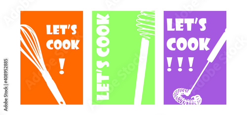 a set of three postcards with a kitchen theme. white background, image of corollas on postcards and the inscription "let's cook".