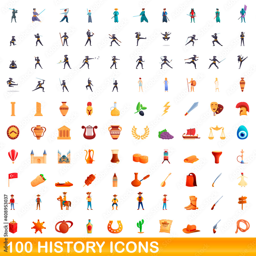 100 history icons set. Cartoon illustration of 100 history icons vector set isolated on white background