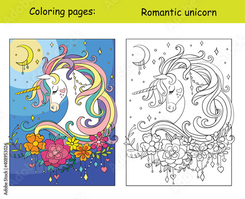 Romantic unicorn portrait coloring book vector template