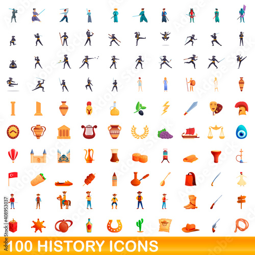 100 history icons set. Cartoon illustration of 100 history icons vector set isolated on white background