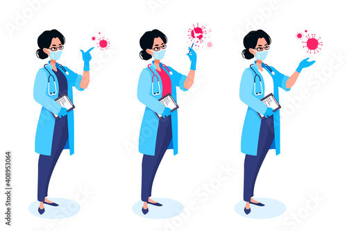 The coronavirus vaccination concept. A doctor shows, demonstrates, destroys covid-19 molecule by syringe shot with the vaccine. A cure of disease. A woman medic wears a mask and gloves, uniform.